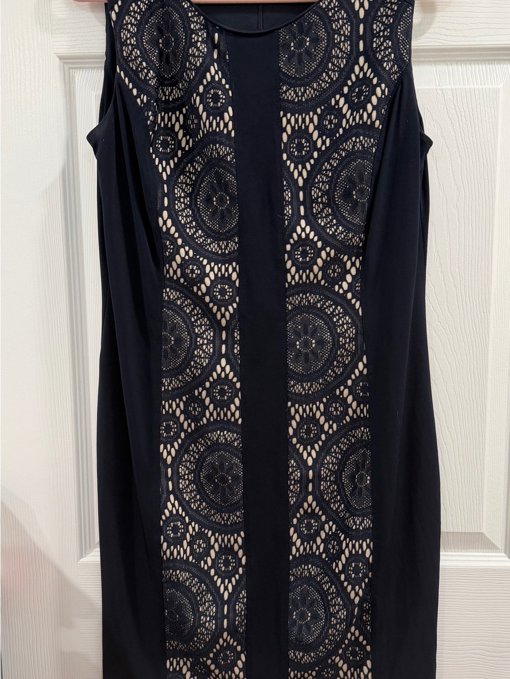 Enfocus Studio Black Lace-Panel Midi Dress with Nude Underlay
